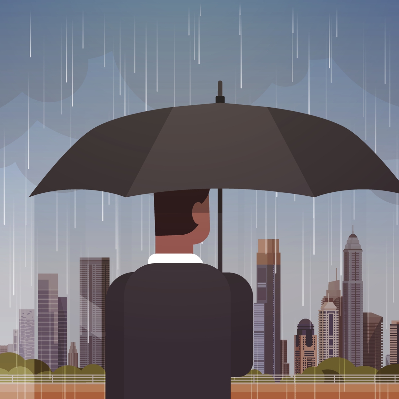 Illustration shows a view of a person from behind holding an umbrella under heavy rain while looking out at skyscrapers and a dark grey sky