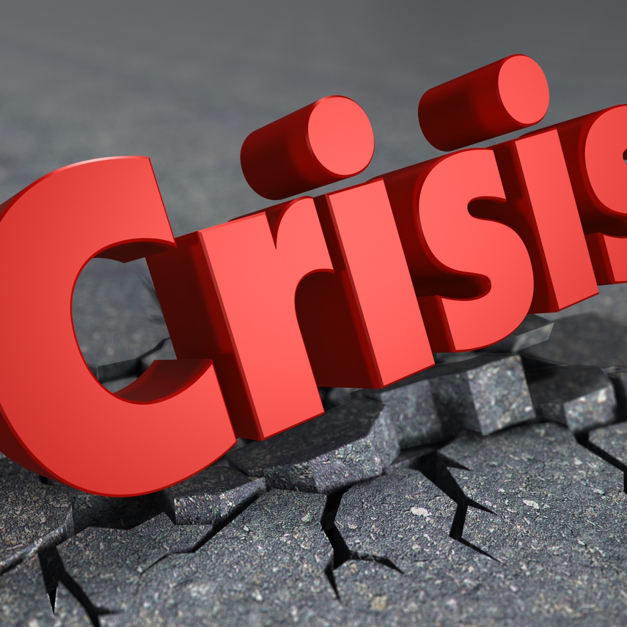 A three dimensional render of the word crisis written in red. The