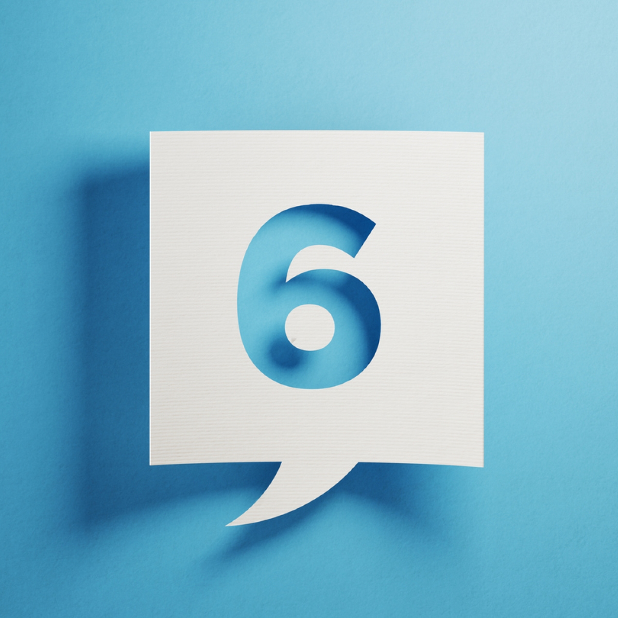 Illustration of a turquoise number six inside a white square speech bubble against a turquoise background