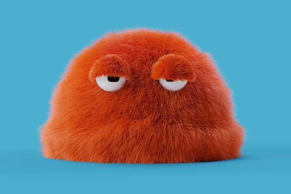 A rounded monster character constructed from brown bristles, with two despondent cartoon-like eyes. The background is bright blue.