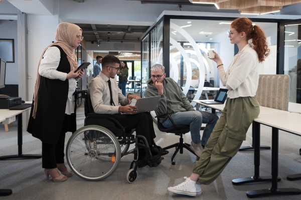 Four colleagues huddled together in a modern office. From left to right: a woman wearing black and white and a beige hijab, a man in a white shirt and dark trousers who uses a wheelchair, a man in a green hoody on a chair, a woman stood leaning again