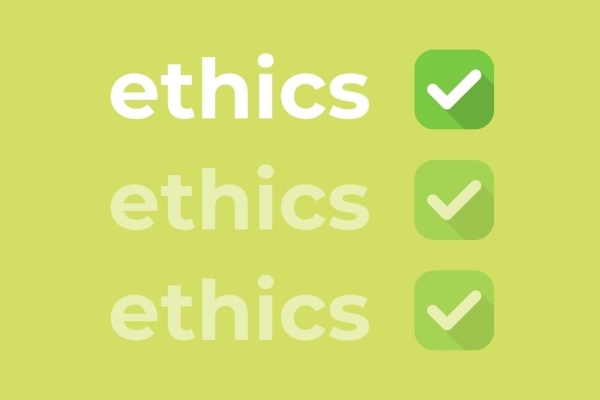 On a light green background, three lines of the word ethics written in white adjacent to white ticks in a dark green box.