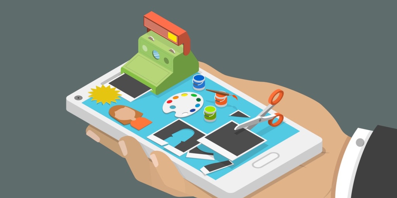 Illustration of a hand holding a mobile phone on top of which are miniature three dimension objects including a polaroid camera, polaroid photos, scissors, paint pots and an unidentified person's image cut out from a polaroid