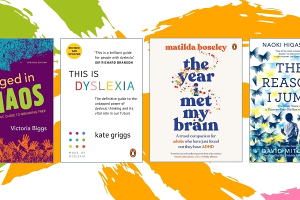 Covers of four books with different colours and fonts on a colourful background