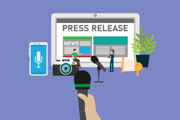 An illustration on a purple background of a screen displaying the word press release, a journalist interviewing someone, a hand holding a microphone, a camera, dictaphone and a plant.