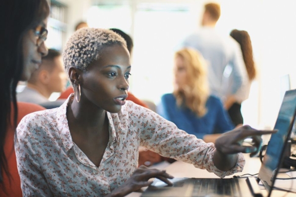 women professional research laptop