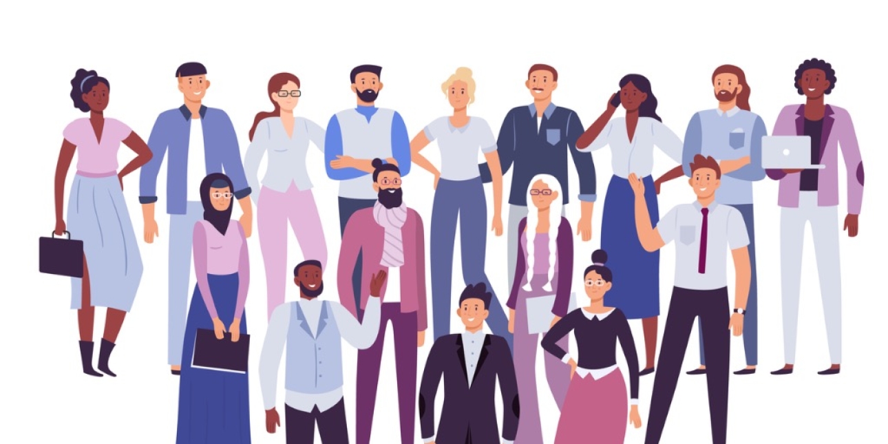 Illustration of 16 businesspeople of different ages, ethnicities and gender. All are standing. Most are wearing pastel shades of clothing, some casual, others smart.