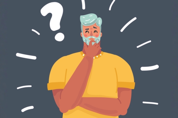 An illustration of a pensive looking man with grey hair and beard who is wearing a yellow t-shirt and resting his right hand on his chin. Surrounding him on a grey background is a large white question mark and several white strokes