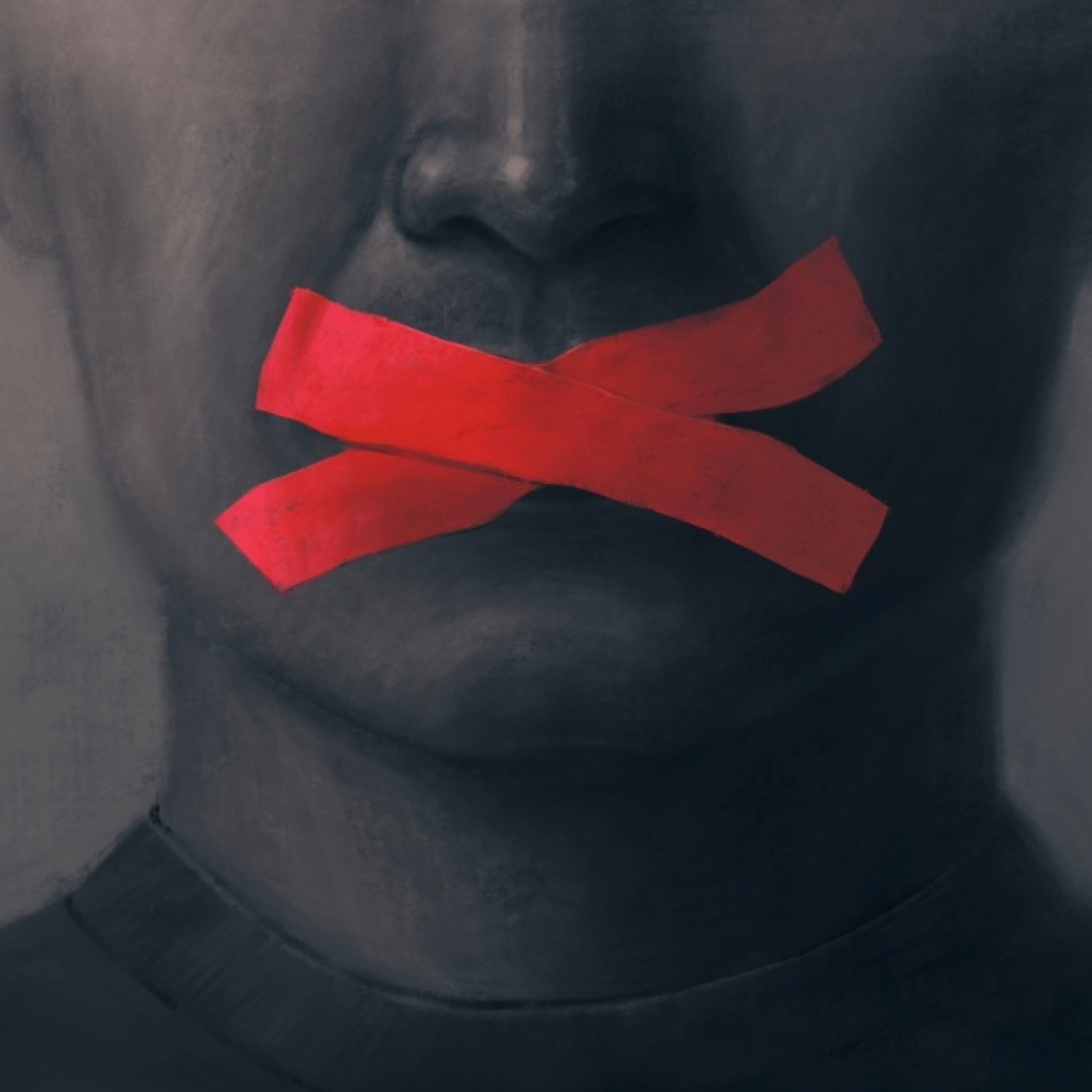 A black and white pencil illustration of a partially obscured face. Two bright red pieces of tape are stuck over the lips.