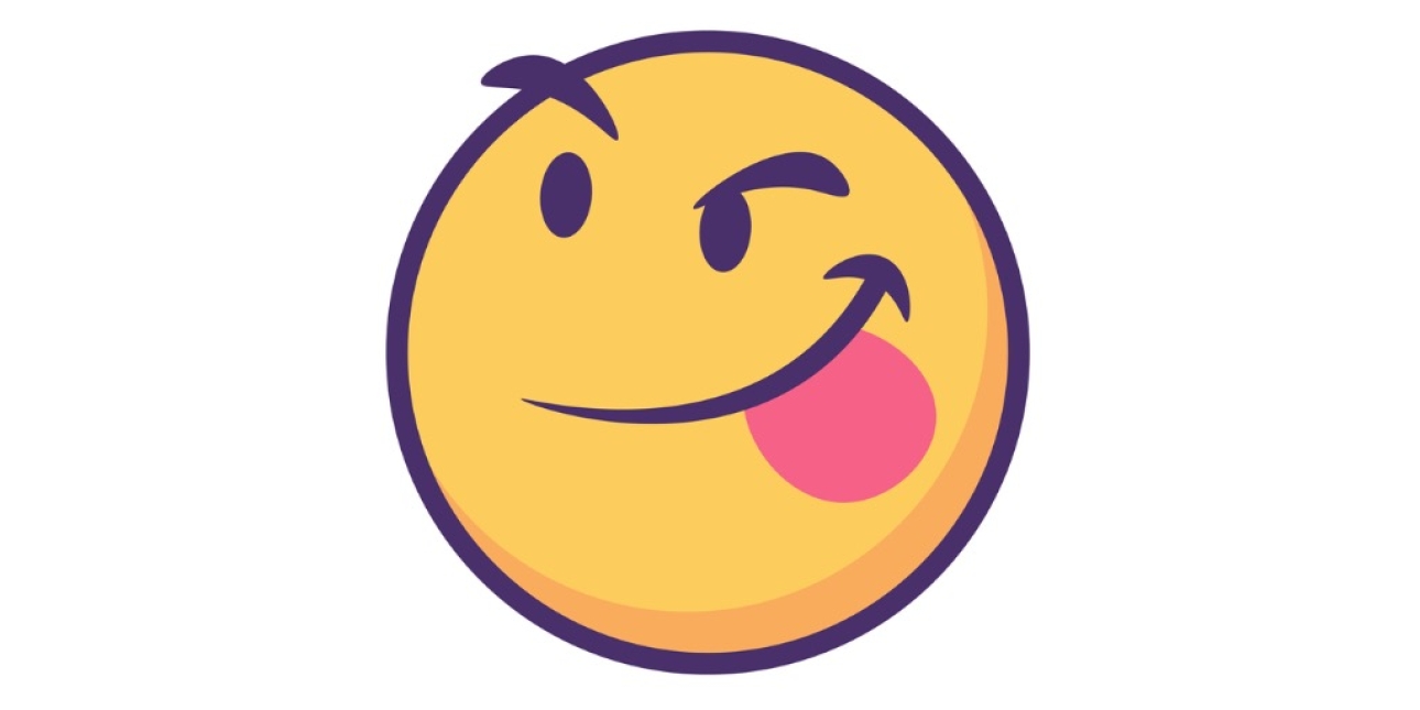 A bright yellow circular emoticon look sideways with a smirk on its face, tongue out and raise eyebrows
