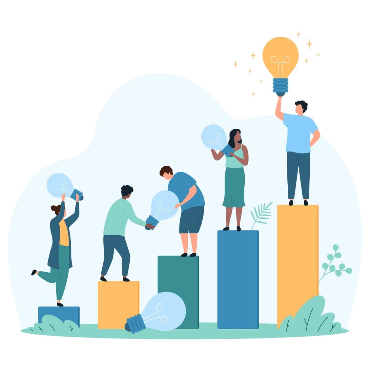 An illustration of five people stood on podium's cooperating by passing giant light bulbs to each other. The one at the top is lit