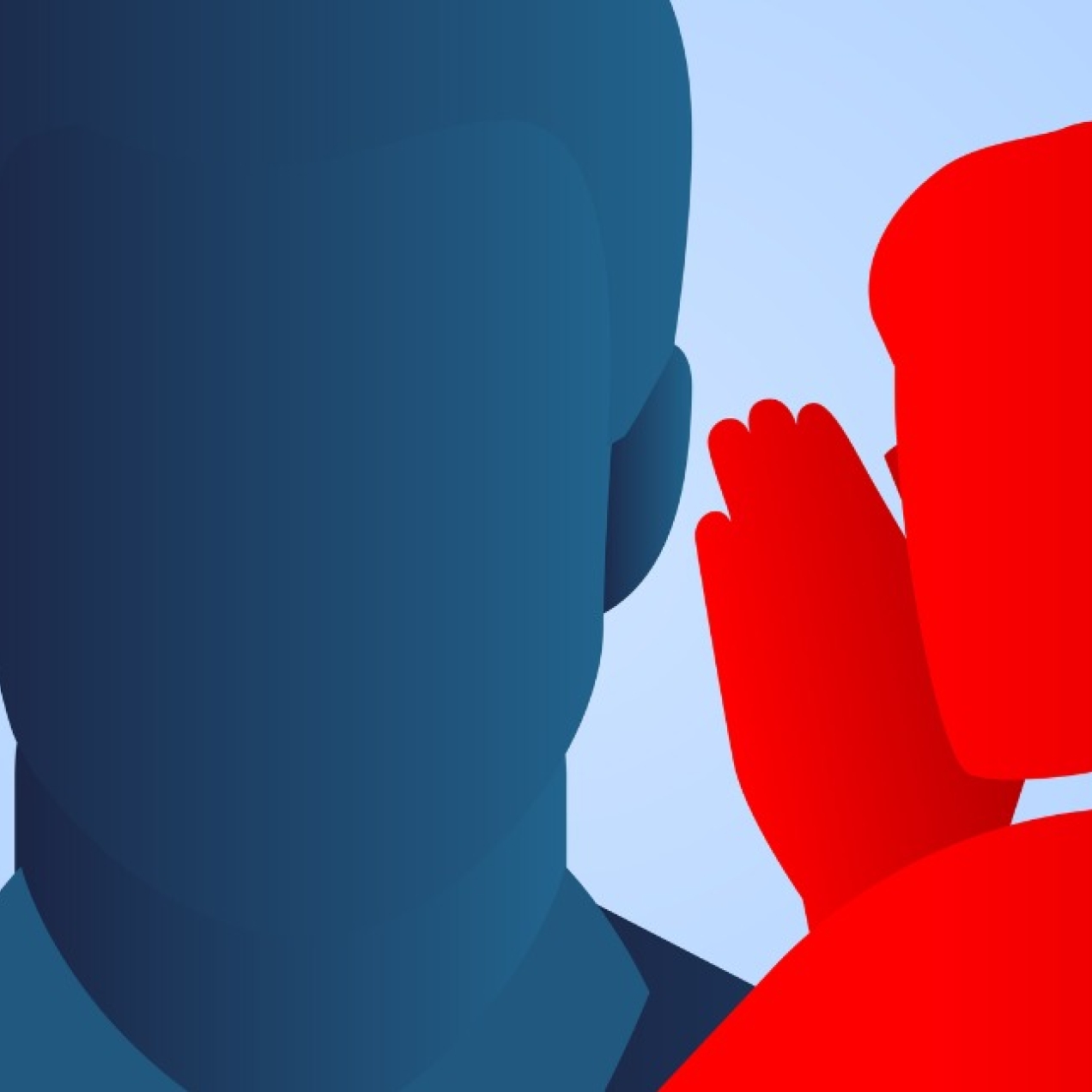 Red silhouette figure of a man whispering into the ear of a larger blue silhouetted man