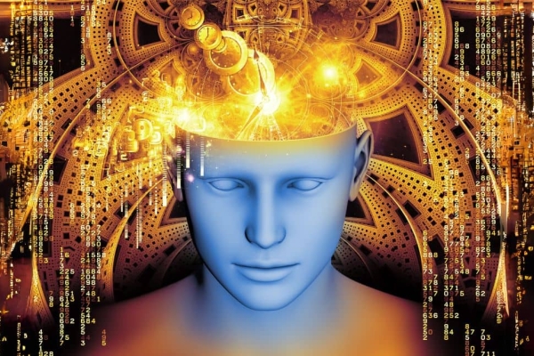 A computer-generated illustration of a grey human mannequin head. The scalp is open, from which flows golden images of pathways, clocks, digits and cogs.