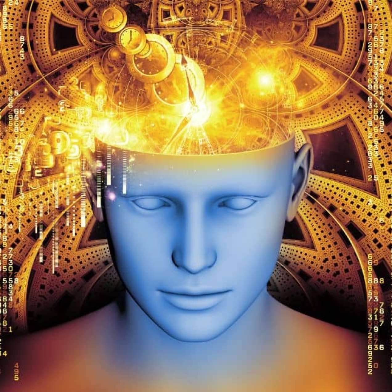 A computer-generated illustration of a grey human mannequin head. The scalp is open, from which flows golden images of pathways, clocks, digits and cogs.