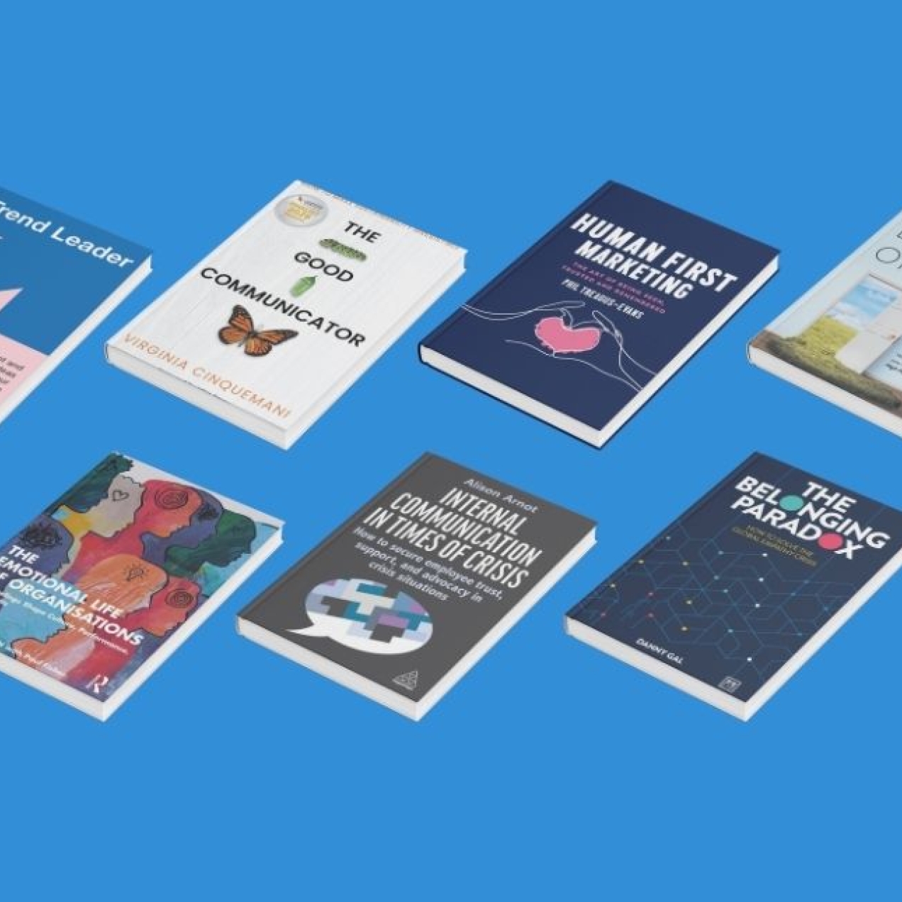 Seven books covers on a blue background