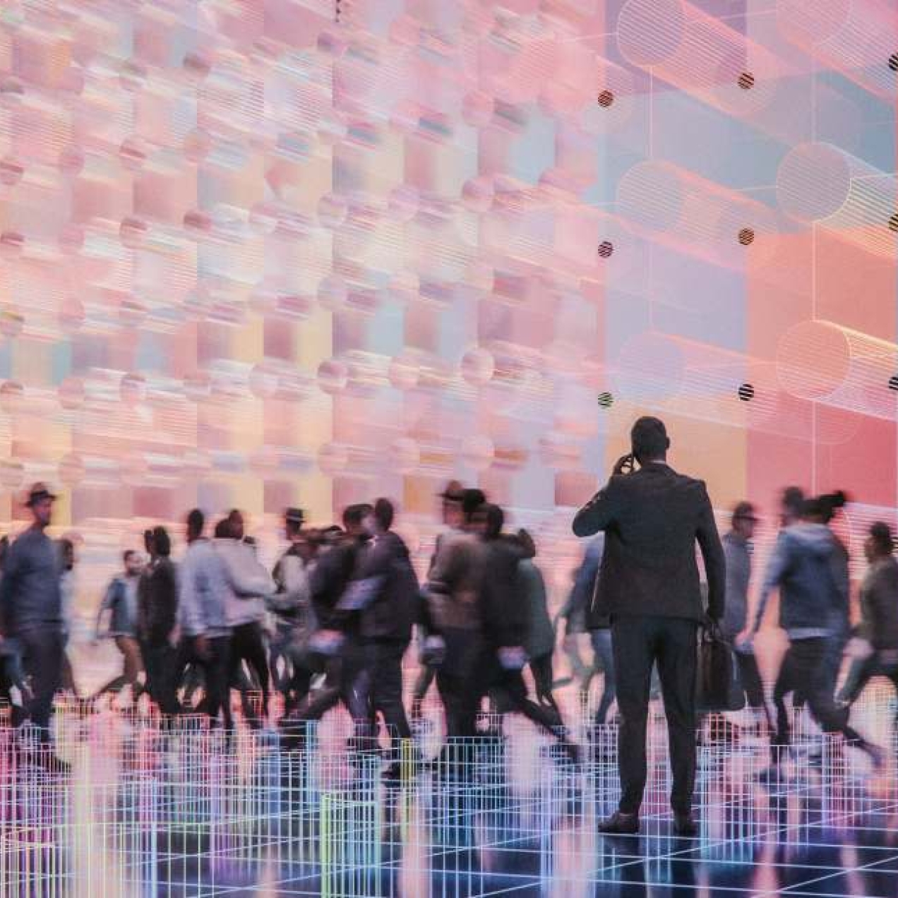 A digitised image of a crowd of people walking past a futuristic looking pink, coloured cube structure.