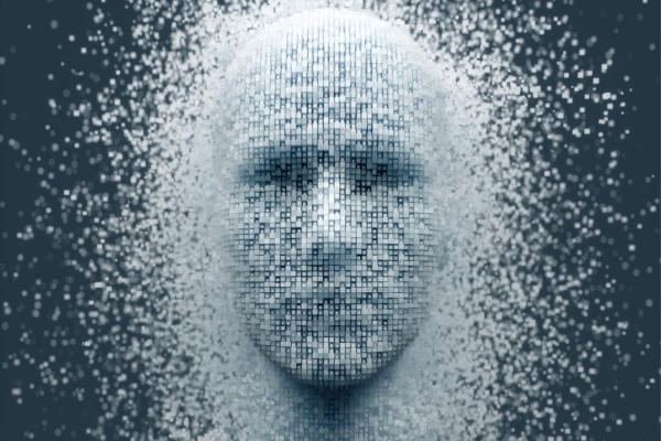 A digital collage of a face on a black background, constructed of hundreds of small pixelated squares in different shades of grey and black to pick out the features