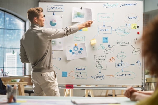 A white man with short blond hair dressed in smart-casual clothes stands at a whiteboard explaining elements of a mind map chart to colleagues