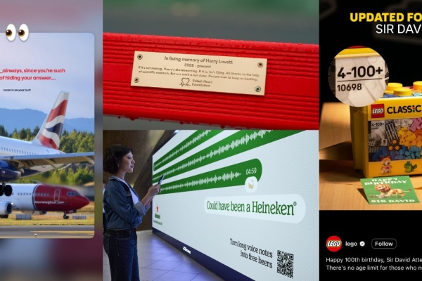 A montage of four screen shots, showing two planes, a plaque on a red bench, a large screen, and a Lego box.