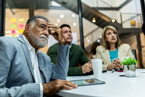 A worried Hispanic businessman with grey hair, beard and light blue suit, holds his hand to his head while concentrating on something out of shot. Colleagues - a man and a woman - sit next to him also looking pensive.