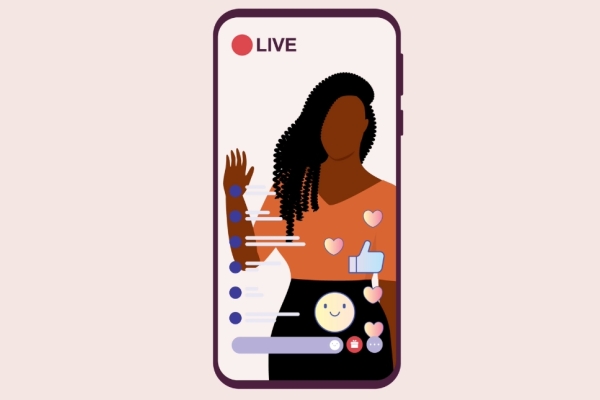 An illustration on a pink background of a smartphone featuring a female influencer on the screen.