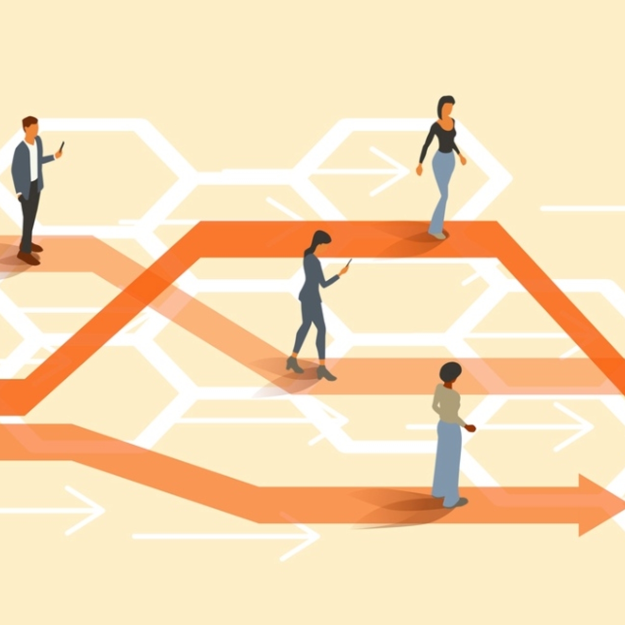 An illustration on a pale yellow background of people walking on a series on a series of orange forward-pointing arrows that move diagonally up and down at different angles.