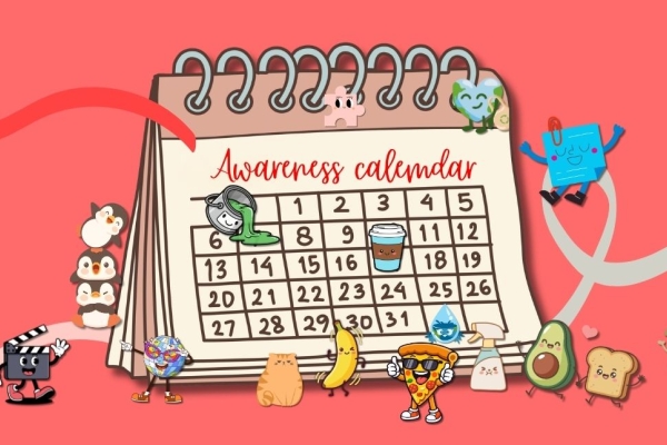 An illustrated awareness day calendar surrounded by cartoon characters representing penguins, cat, a coffee cup, paint pot, avocado toast and more.