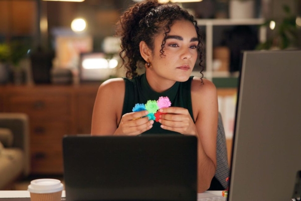 A woman with dark hair and black sleeveless top sat in front of a computer screen holding a fidget spinner.