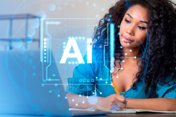 woman writing in notebook AI hologram