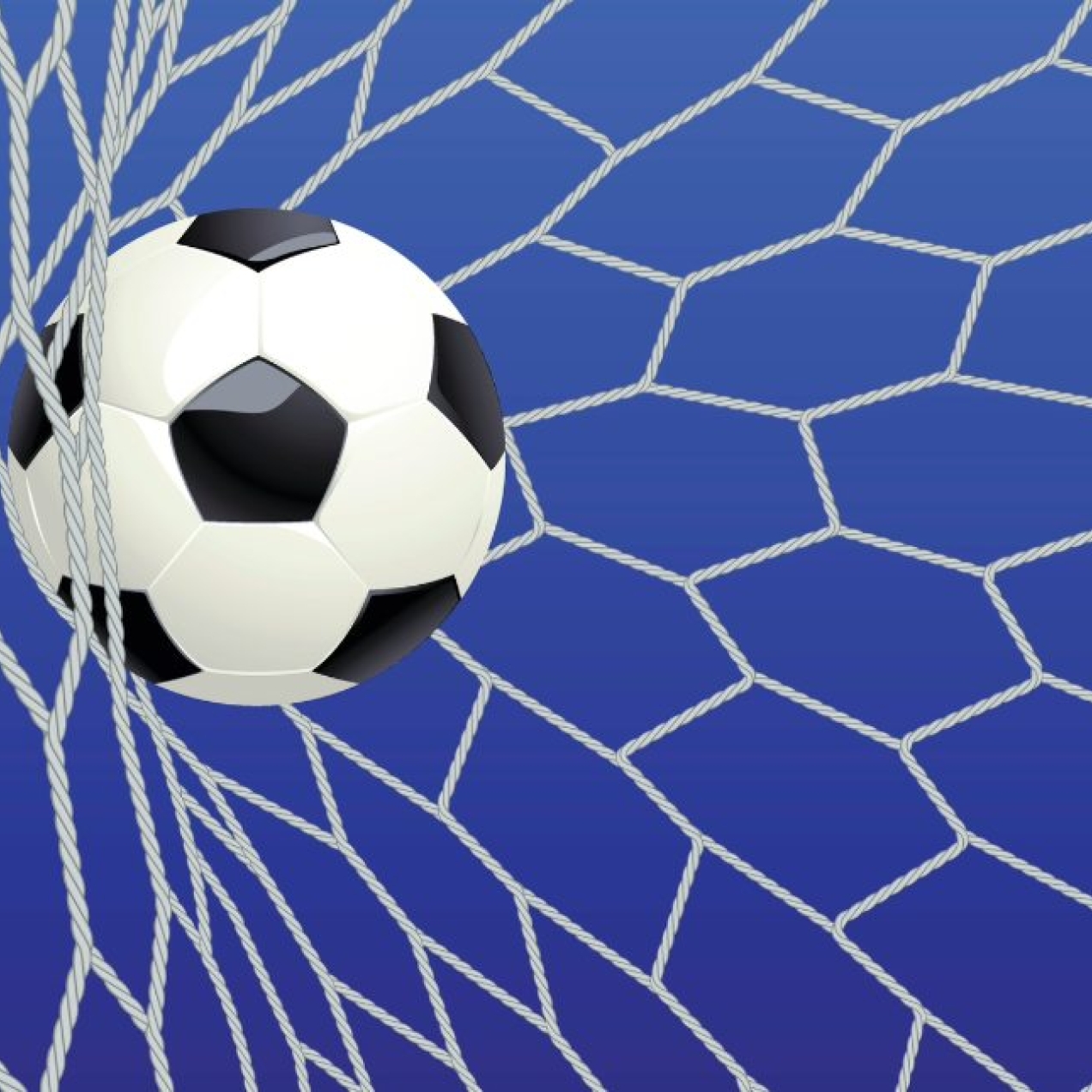 A computer generated image of a white and black football hitting the back of a white football net.