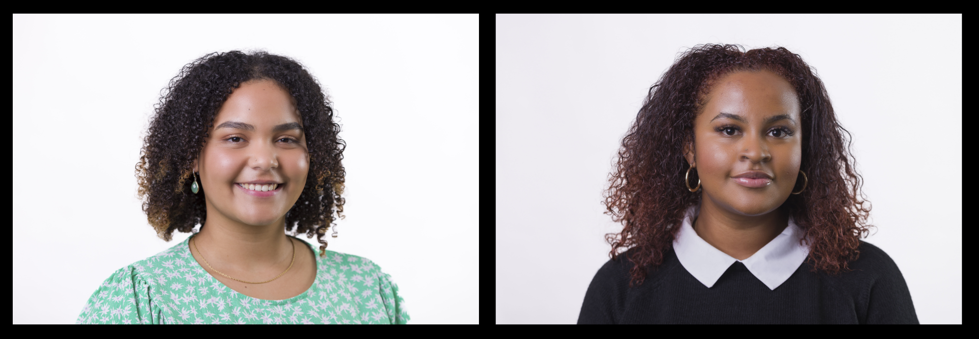 A composite of two photos of Rosie Ngugi and China Rooms, cropped to head and shoulders. Both are Black women with shoulder length dark hair. They are looking at the camera. Rosie wears a green and white blouse. China wears a black top with white collar.