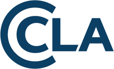 CLA logo written as the CLA in navy capital letters. The C is in white with two broad navy outlines brushstrokes