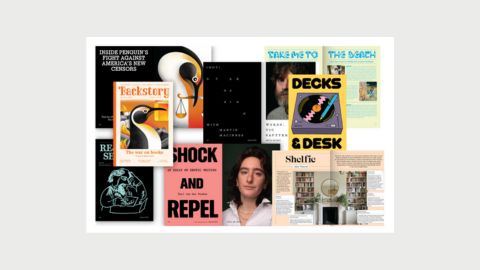 A collage of pages from Backstory magazine, featuring text, illustrations of penguins and record players, and photos of people