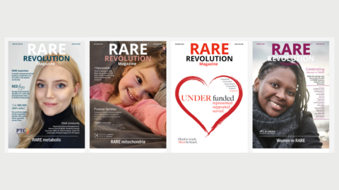 A row of four Rare Revolution front covers featuring a white woman, a white child, a red outline illustration of a heart, and a Black woman