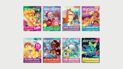 Two rows of four brightly illustrated front covers of Storytime magazine featuring a selection of cartoon animals, sea creatures and people