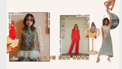 A collage of 5 outfits include a lady in a red dress, a dark haired woman in a blue dress, a blond woman in a red trouser suit, a lady in pajamas anda dark haired woman in a long pale dress