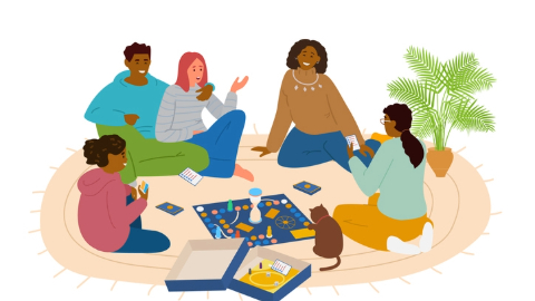 A colourful illustration of five friends of different ethnicities sat on a rug playing a board game while a cat looks on.