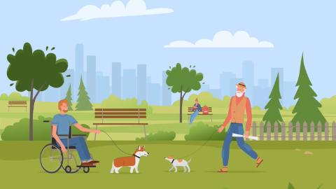 An illustration of a park with two men in the foreground with their dogs. The man on the left uses a wheelchair and wears blue. The ma on the right is stood and wears an orange waistcoat and blue jeans.