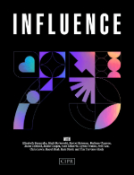 The front cover of Influence magazine. It is black with a white title and the number 75 picked out as icons.