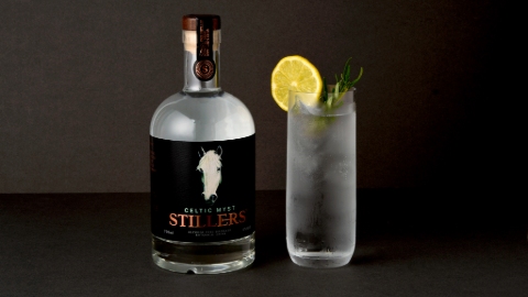 On a dark background, a bottle of Stillers non-alcoholic gin beside a tall glass with the drink, a slice of lemon and garnish