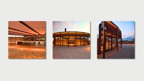 A composite of three pictures of Harrods Helideck interior and exterior showing a rotunda shaped building with large glass windows.