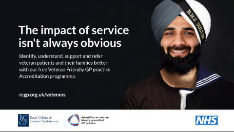 A campaign visual showing a digitised colour image of a Sikh, male Royal Navy veteran. The left half is in civilian attire, the right half in Royal Navy uniform. A campaign strapline reads: The impact of service isn't always obvious.