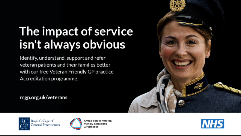 A campaign visual showing a digitised colour image of a white, female RAF veteran. The left half is in civilian attire, the right half in RAF uniform. A campaign strapline reads: The impact of service isn't always obvious.