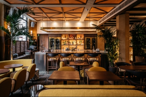 Individual seats and curved sofas in mustard colour upholstery and palms under a beamed ceiling.