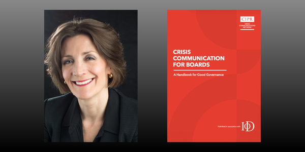 A split image. On the left Katherine Sykes - a white woman with dark brown hair wearing a black jacket. On the right, the red cover of the handbook.