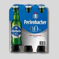 A case of six beers in blue, white and green packaging.